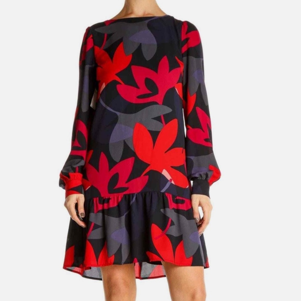 LOFT Drop Waist Long Sleeve Floral Dress Navy Black Red Size XS